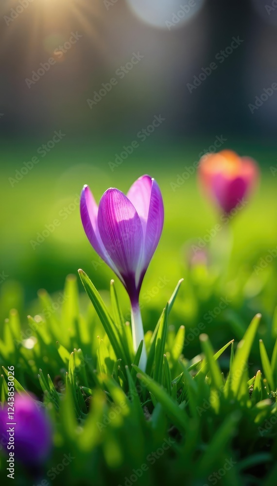 A single spring crocus flower peeking through lush grass, garden, blooming flowers A single spring crocus flower peeking through lush grass, garden, blooming flowers