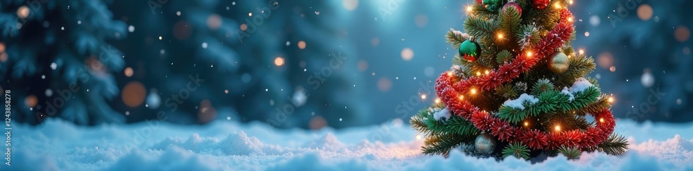 Colorful garlands wrapped around a slender Christmas tree on a snowy backdrop, garlands, snowflakes Colorful garlands wrapped around a slender Christmas tree on a snowy backdrop, garlands, snowflakes