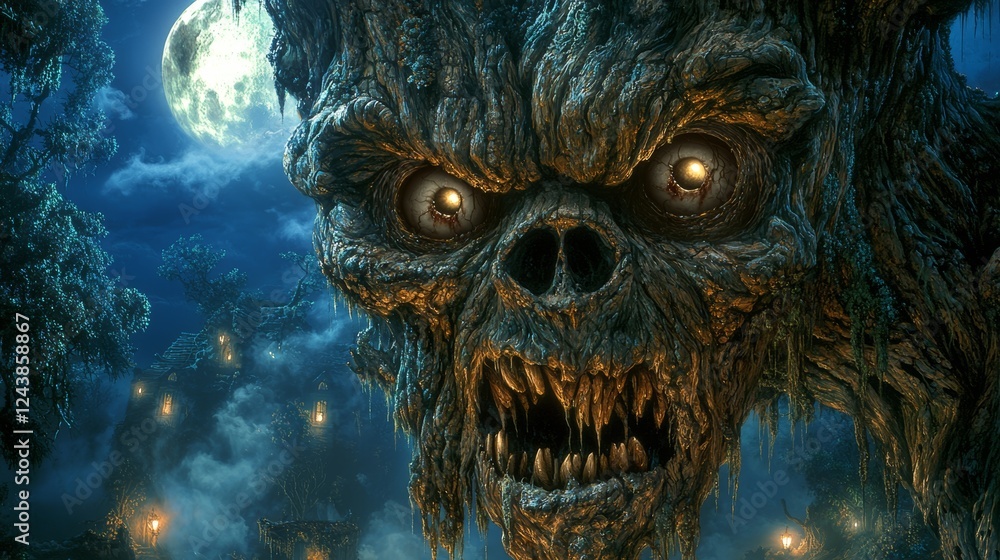 Spooky Tree Monster Emerges on Halloween Night Enchanted Forest Digital Art Mysterious Atmosphere Close-Up Frightening Concept Spooky Tree Monster Emerges on Halloween Night Enchanted Forest Digital Art Mysterious Atmosphere Close-Up Frightening Concept