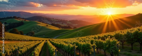 Rolling hills of vineyards on Silverado Trail at sunrise, landscape photography, rolling hills, napa valley photo