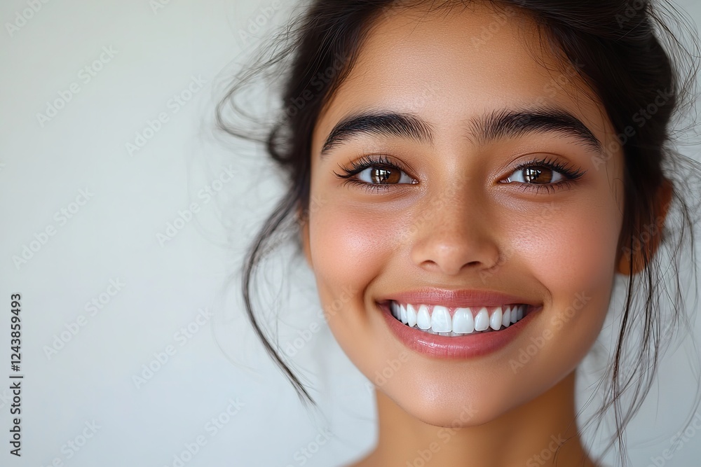 A close-up portrait of a stunning young Asian Indian woman with a radiant smile and flawless teeth, perfect for a dental advertisement. Isolated on a white background. A close-up portrait of a stunning young Asian Indian woman with a radiant smile and flawless teeth, perfect for a dental advertisement. Isolated on a white background.