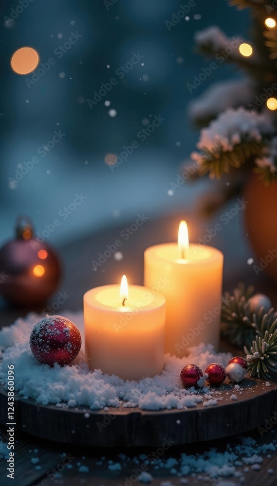 Snowy ambiance with soft white candle lighting, bokeh, frost Snowy ambiance with soft white candle lighting, bokeh, frost
