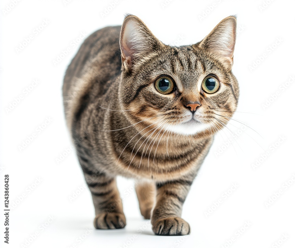 Fototapeta premium Playful tabby cat with striking eyes walking toward the camera, showcasing adorable features and soft fur on a bright background