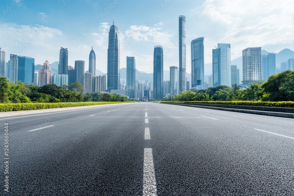 Asphalt road leads to modern city skyline Asphalt road leads to modern city skyline