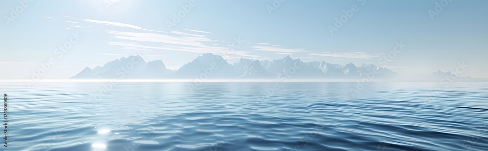 Vast Daylight Landscape with Calm Borderless Ocean and Distant Minimal Mountains Vast Daylight Landscape with Calm Borderless Ocean and Distant Minimal Mountains