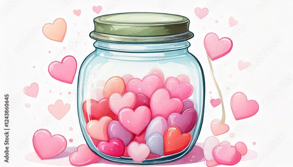 A vibrant jar of heart-shaped candies. A vibrant jar of heart-shaped candies.
