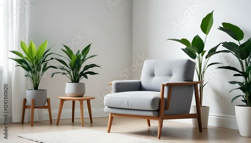 Un moderno sillón gris con patas de madera en una habitación luminosa y minimalista con una maceta photo