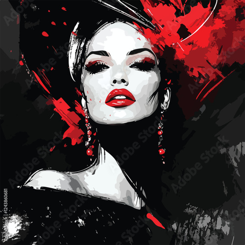 An illustration depicts a glamorous woman, likely created using generative AI. She has bold makeup, including red