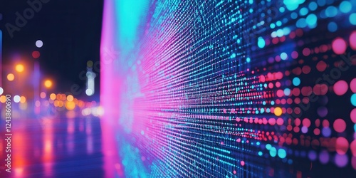 Abstract Neon Urban Nightscape Digital Display with Vibrant LED Lights in City with Futuristic Technology Concept Art Deco Style Colorful Gradients for Modern Design Prints and Posters