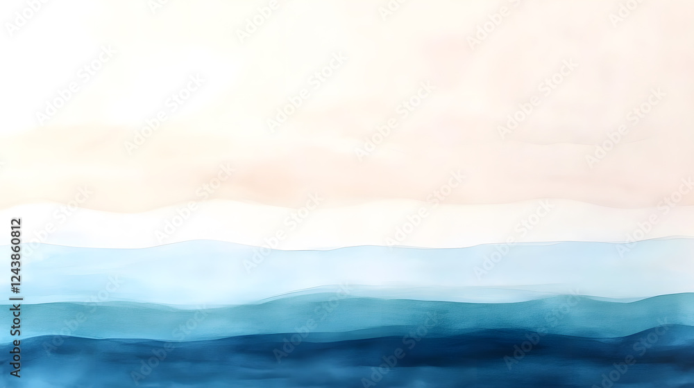Fototapeta premium A serene watercolor background featuring a smooth gradient transitioning from deep ocean blue at the top to a soft, airy white at the bottom. The delicate brush strokes create a flowing texture,