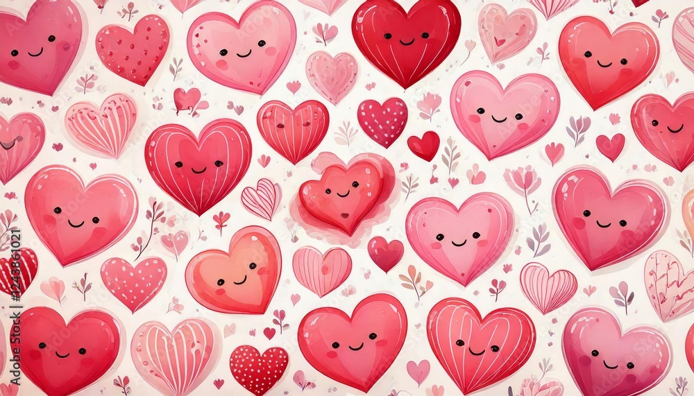 A vibrant pattern showcasing an array of cute, smiling hearts. A vibrant pattern showcasing an array of cute, smiling hearts.