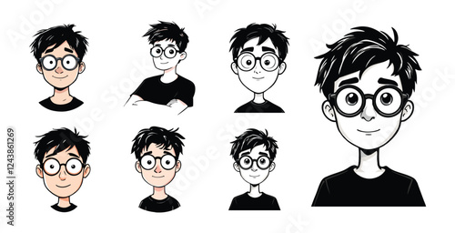 Hand-drawn Cartoon Boy Avatars – Black and White Character Illustrations