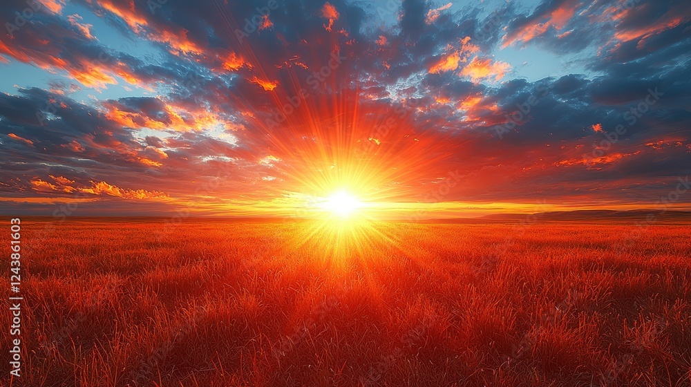 Fototapeta premium Vibrant Sunset Over a Field of Red Grass