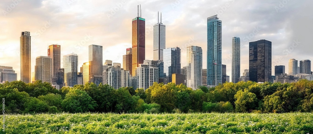Obraz premium Imagine a breathtaking panoramic view of a modern city skyline contrasting with vibrant greenery and landscapes, creating a perfect blend of urban and natural beauty that captivates the eye