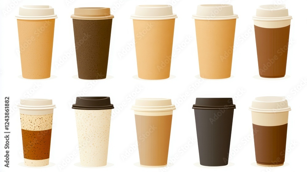Vector illustration of a variety of coffee cups in different shades, tones, and textures showing modern design for cafes or coffee branding with a soft, neutral color palette for beverage theme Vector illustration of a variety of coffee cups in different shades, tones, and textures showing modern design for cafes or coffee branding with a soft, neutral color palette for beverage theme