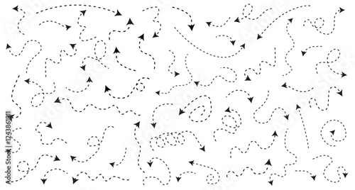 Set of simple dotted lines hand drawn black arrows in various style, Set of simple of hand drawn black arrows