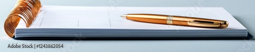Elegant Spiral Notebook with Blank Pages and Golden Pen on a Soft Blue Background Ideal for Office and Creative Work