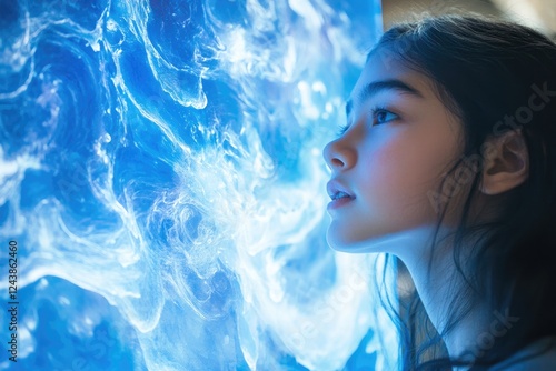A young woman gazes in awe at a mesmerizing blue and white abstract art piece.
