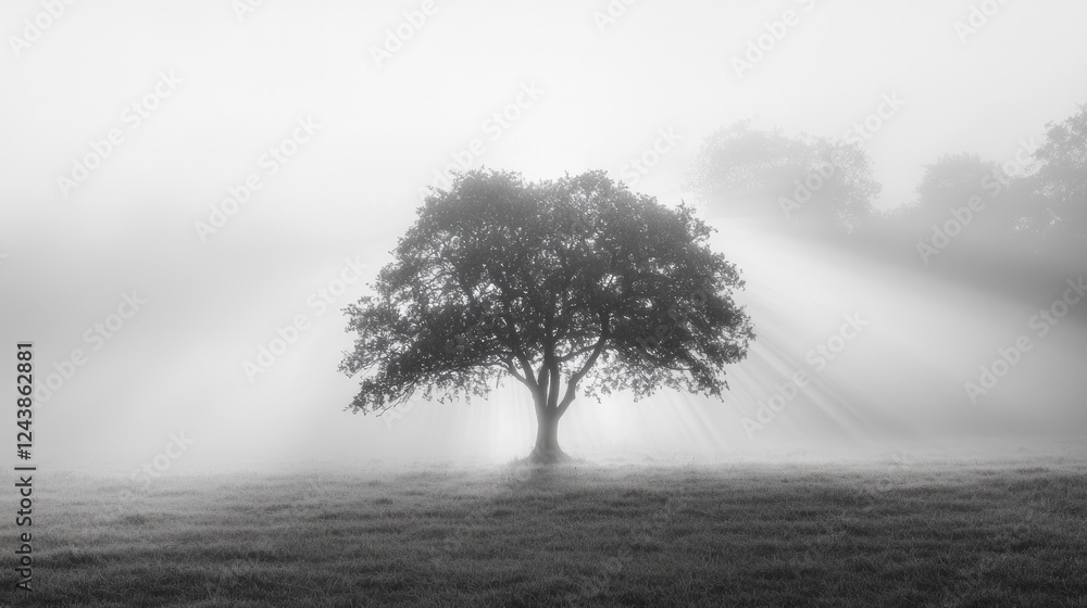 Obraz premium Solitary Tree in Misty Meadow: A Black and White Masterpiece