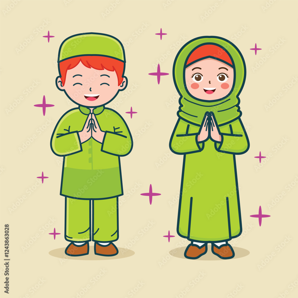 A couple of Muslim kids greeting for Ramadan design element A couple of Muslim kids greeting for Ramadan design element