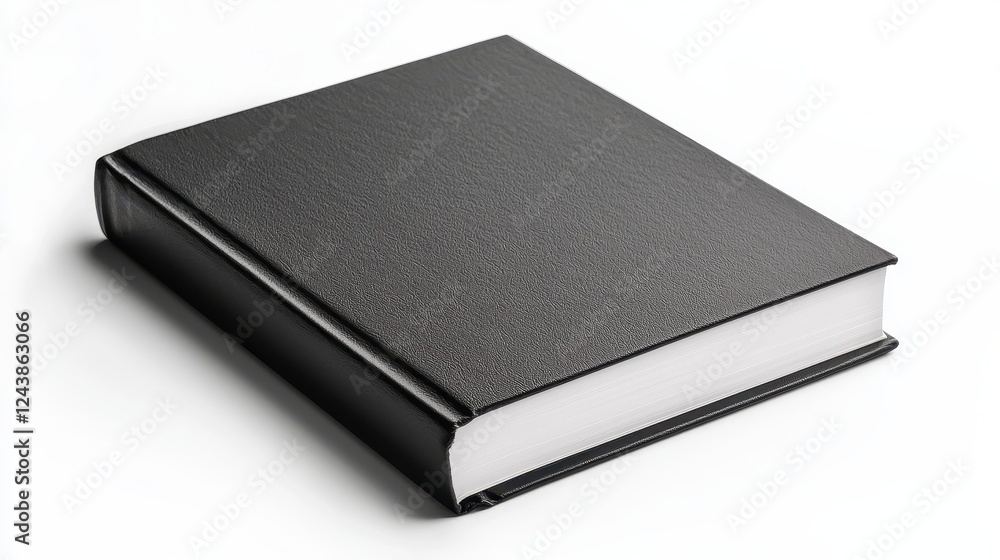 A simple, black hardcover book resting on a surface, showcasing its textured cover and clean, white pages. A simple, black hardcover book resting on a surface, showcasing its textured cover and clean, white pages.