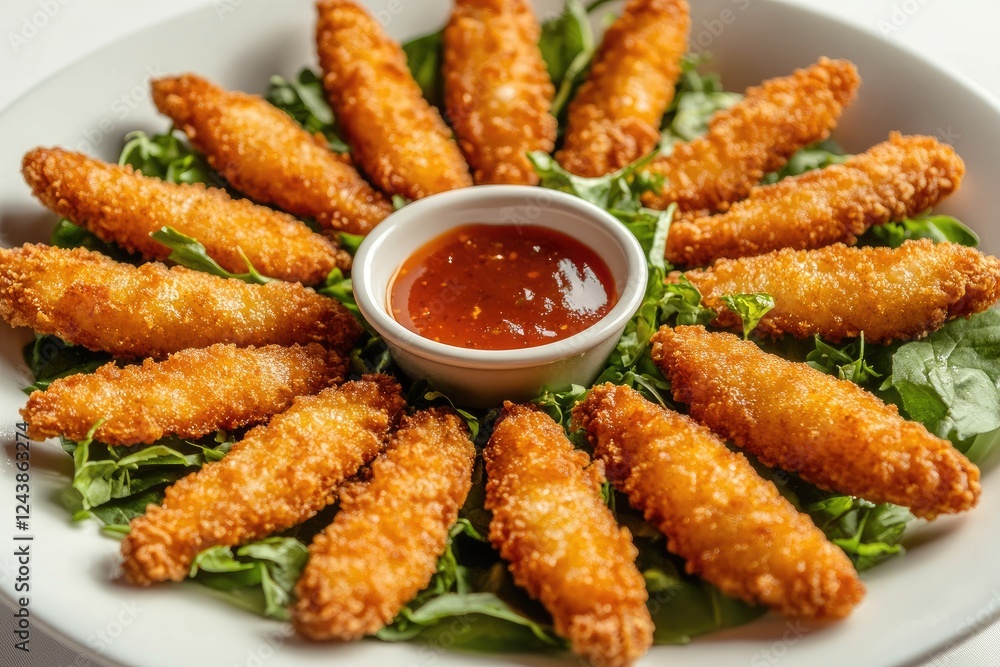 A plate of fish fingers arranged like a sun, with dipping sauce in the middle A plate of fish fingers arranged like a sun, with dipping sauce in the middle
