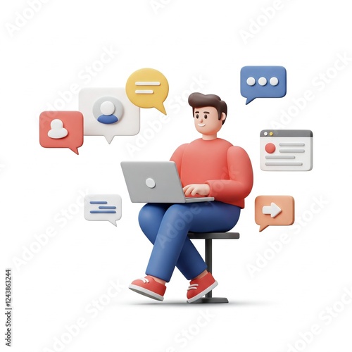 Young smiling man working on laptop computer. Content filling, content management and social media concept. 3d vector people character illustration. Cartoon minimal style.