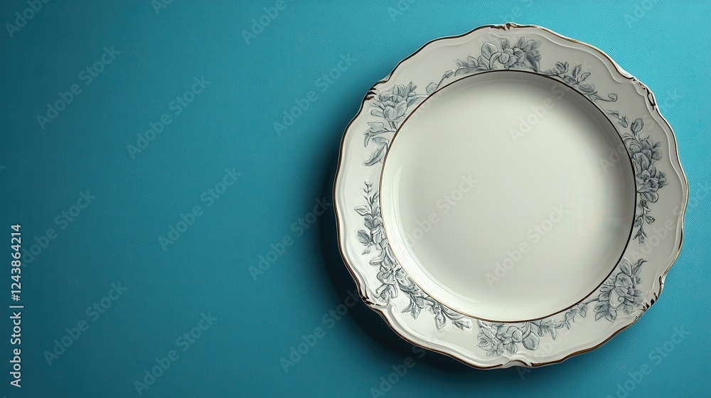 top view empty plate fork and knife on blue background top view empty plate fork and knife on blue background