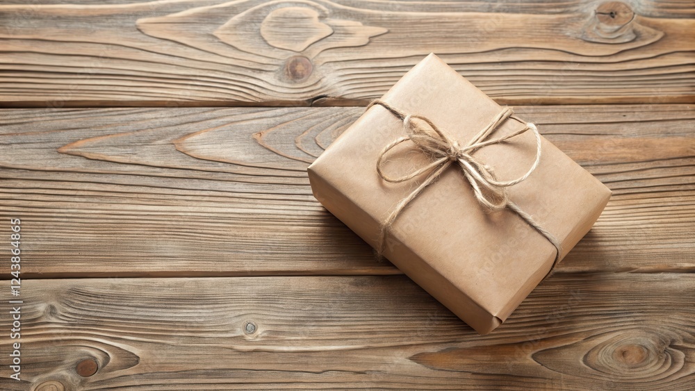Rustic Brown Gift Box Tied with Twine on Wooden Surface Rustic Brown Gift Box Tied with Twine on Wooden Surface