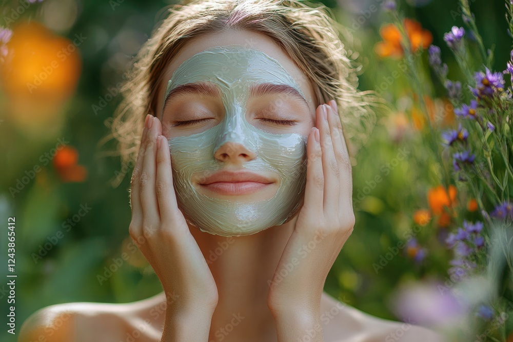 Woman enjoying a relaxing face mask outdoors amidst blooming flowers. Woman enjoying a relaxing face mask outdoors amidst blooming flowers.