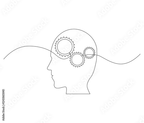 Continuous one line drawing of human head with gears inside. Single line drawing illustration of Cogwheels. Gears inside concept vector art. Doodle line illustration.
