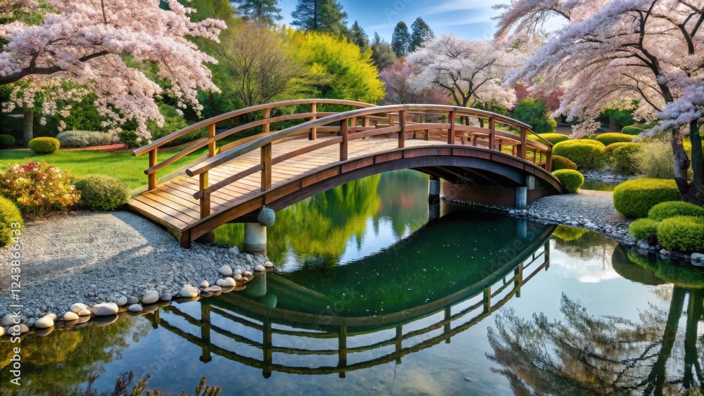 Serene Garden Bridge Reflecting in a Tranquil Pond Under Blossoming Trees Serene Garden Bridge Reflecting in a Tranquil Pond Under Blossoming Trees
