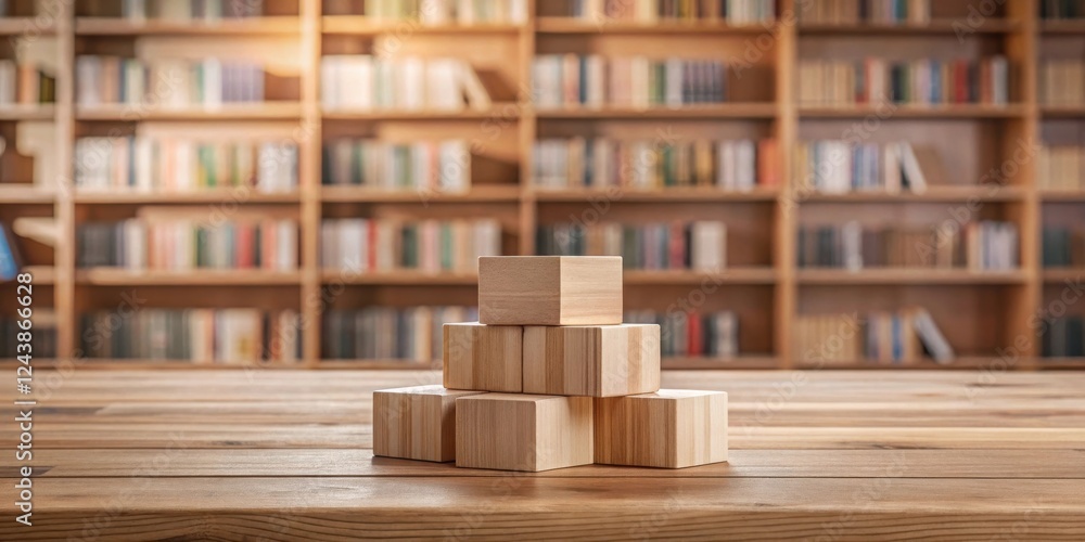 Wooden Blocks Stacked on a Table in a Library Setting