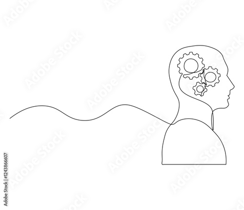 Continuous one line drawing of human head with gears inside. Single line drawing illustration of Cogwheels. Gears inside concept vector art. Doodle line illustration.
