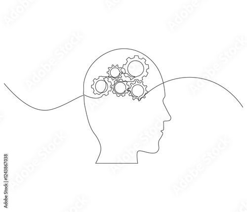 Continuous one line drawing of human head with gears inside. Single line drawing illustration of Cogwheels. Gears inside concept vector art. Doodle line illustration.
