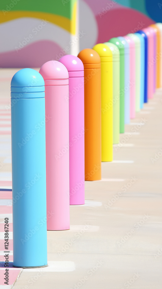 Brightly colored bollards in playful street setting create vibrant atmosphere Brightly colored bollards in playful street setting create vibrant atmosphere