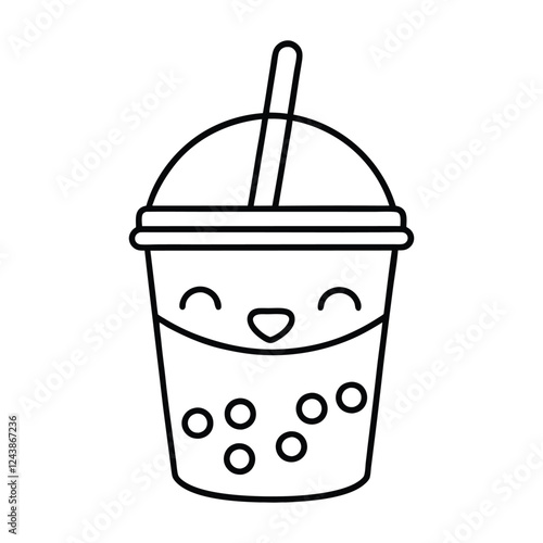 Cute Kawaii Bubble Tea eps Outline - Black and White Boba Tea Line Art for Coloring Pages and Digital Clipart