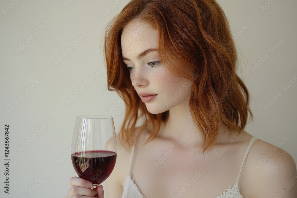 A redhead woman with freckles holds a glass of red wine, gazing thoughtfully. A redhead woman with freckles holds a glass of red wine, gazing thoughtfully.