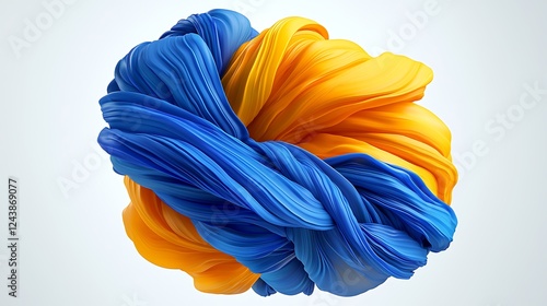 Abstract blue and orange swirling fabric, 3D render, light background, design element