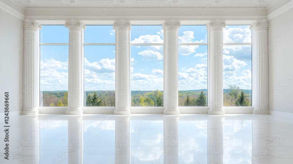 Fototapeta premium Luxurious room, panoramic windows, spring view, empty space, interior design
