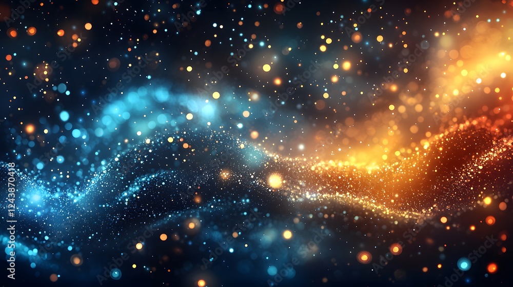 Fototapeta premium Abstract Light Particles in Blue Orange Flowing Waves Background