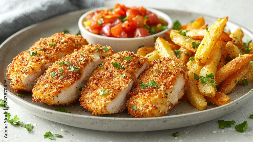 Crispy breaded chicken tenders with fries and salsa on a plate Crispy breaded chicken tenders with fries and salsa on a plate