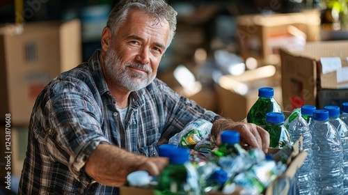Amidst cardboard boxes, a smiling older man sorts through an array of bottled water, contributing to a local charity drive. His dedication highlights the spirit of community support and kindness