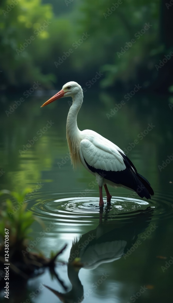 Fototapeta premium Swamp water surface with a stork wading through murky depths, mire, weather