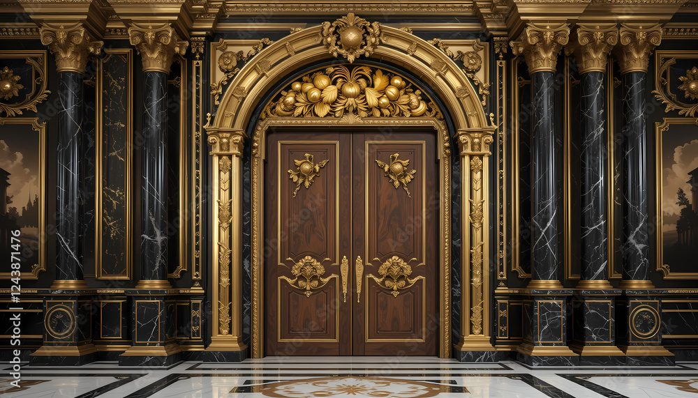 Fototapeta premium Grand Gold and Black Marble Entryway with Double Doors