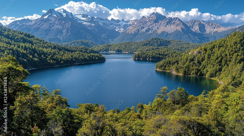 Serene mountain lake surrounded by lush forests and majestic peaks under a clear blue sky, showcasing nature's beauty Serene mountain lake surrounded by lush forests and majestic peaks under a clear blue sky, showcasing nature's beauty