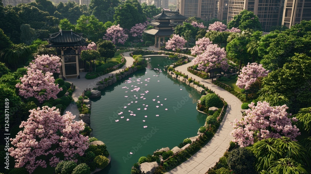 Serene Garden Landscape with Cherry Blossom Trees and Pond View Serene Garden Landscape with Cherry Blossom Trees and Pond View