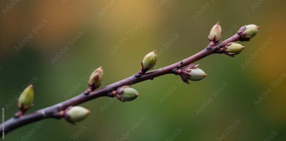 A row of small gray buds along a slender willow twig, willow, gray, autumn A row of small gray buds along a slender willow twig, willow, gray, autumn