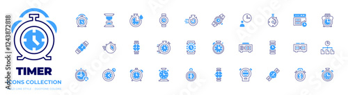 Timer icon collection. Bold line style. Duotone colors. time, alarmclock, wristwatch, watch, clock, stopwatch, digitalclock, chronometer, alarmclocks