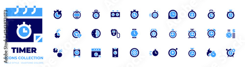 Timer icon collection. Bold style. Duotone colors. deadline, timer, wristwatch, clock, chronometer, stopwatch, alarmclock, time, alarm, chessclock